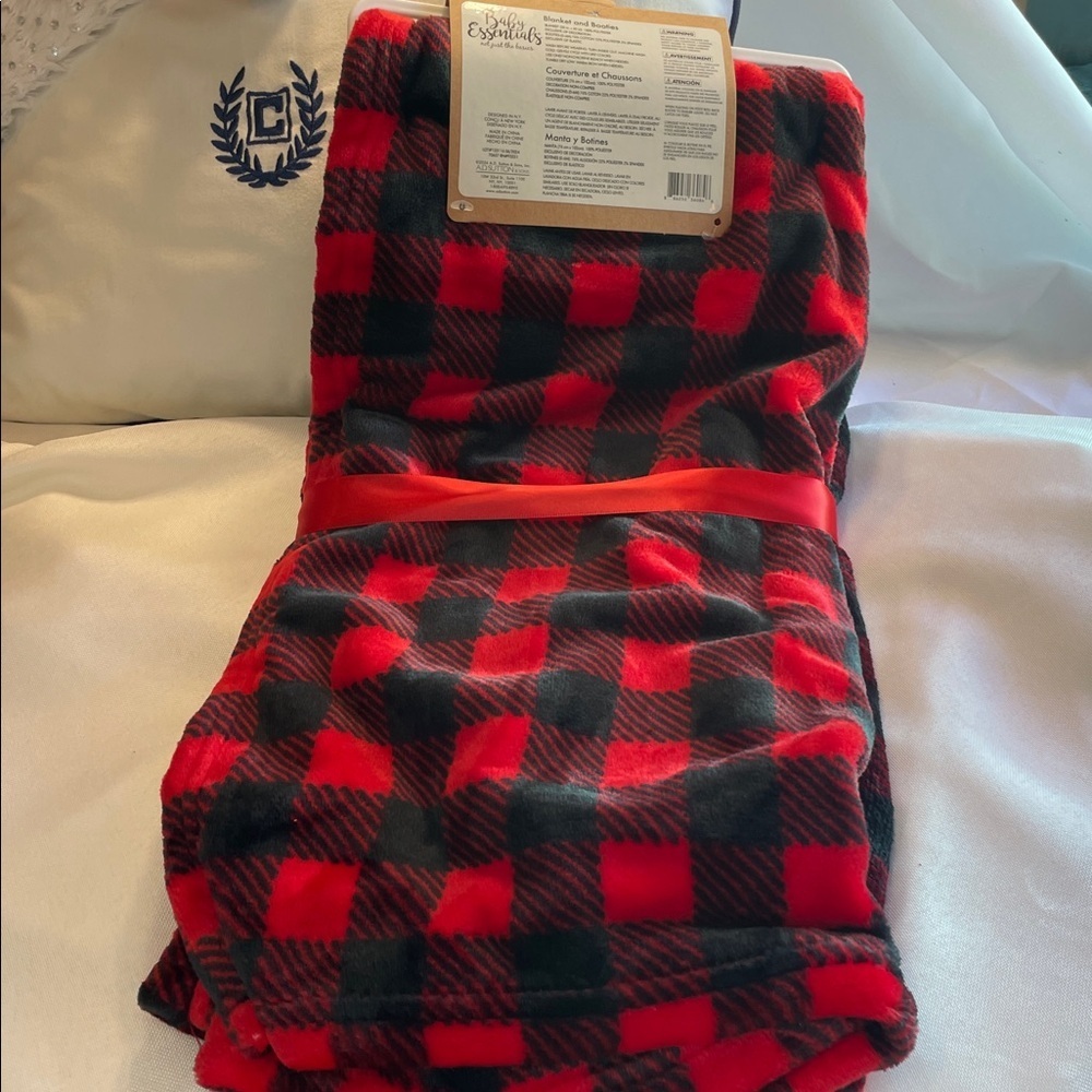 Baby Essentials Red and Black Plaid Blanket with Socks - Picture 6 of 6